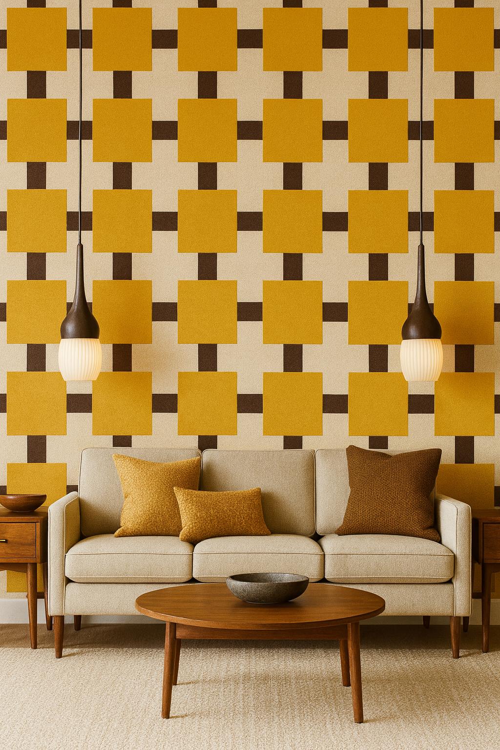 Pared Patterns Retro Mustard & Chocolate Square Pattern Modernist Grid Design Living ...