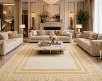 Alfombra moderna color crema y dorado, alfombra de lana tejida a mano, alfombra con borde de greca, decoración elegante para el hogar, alfombra geométrica para sala de estar /