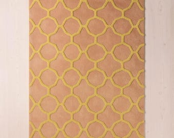 Handmade Geometric Wool Area Rug, Terracotta and Mustard Yellow Mid Century For Living Room And  Home Decor