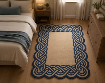 Blue Border Cream Area Rug, Hand Tufted Wool Rug, Luxury Celtic Knot Rug, Modern Scalloped Carpet, Living Room & Bedroom