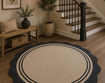 Hand-Tufted Scallop Round Rug | Green and Cream Wavy Edge Wool Area Rug | Aesthetic Bedroom Decor 5x5 ft rug