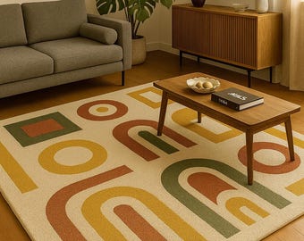 Hand Tufted Cream Mustard, Terracotta Green, Warm Retro Wool Area Rug, Mid Century Terracotta For Living Room & Bedroom