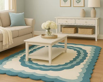 Blauw-crème handgetuft wollen vloerkleed met geschulpte rand, modern vloerkleed, golvend tapijt, woonkamer, kinderkamer
