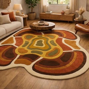 Duży, ręcznie robiony, kępkowy dywan wełniany Amoeba w stylu retro – dywan w stylu modernistycznym z połowy lat 70. w stylu abstrakcyjnym – dywan o falistym kształcie w odcieniach ziemi do salonu