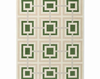 Handgetuft geometrisch vloerkleed - groen en beige wollen tapijt met vierkant patroon - moderne tapijten uit het midden van de eeuw voor woonkamer