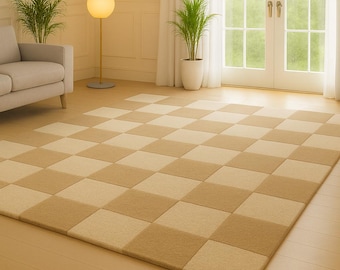 Beige Check Board Carpet 6x8, 8x10, Geometric Hand Tufted Wool Rug For Living Room & Bedroom