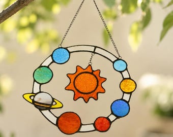 Stained Glass Solar System Suncatcher, Celestial Planets Wall Hanging, Garden Decor