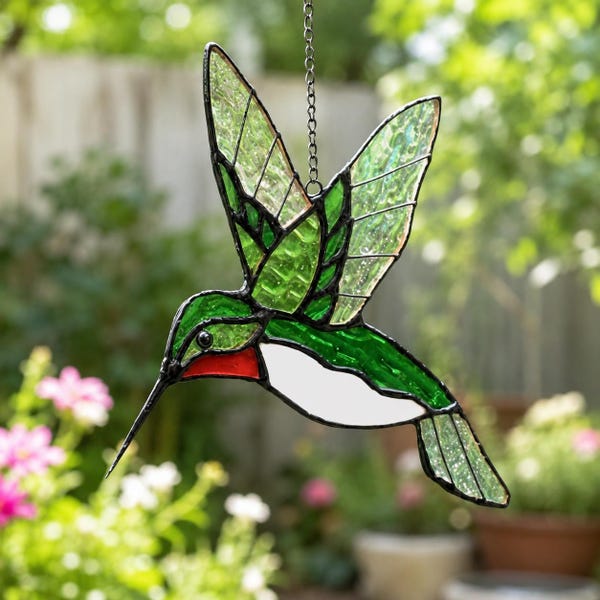 Handmade Stained Glass Green Hummingbird Suncatcher, Garden Window Art, Birthday Gift