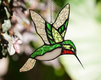 Handgefertigter Sonnenfänger mit Kolibri-Motiv aus Buntglas, Buntglas-Fensterhänger, Gartendekoration