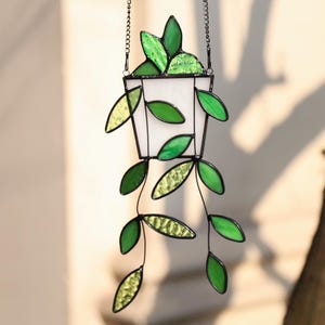 May include: A hanging stained glass plant with a white pot and green leaves. The leaves are various shades of green and yellow, with a textured pattern on some. The plant hangs from a black chain.
