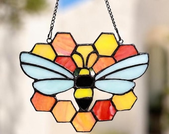 Handmade Stained Glass Bee Suncatcher, Honeycomb Garden Window Art, Housewarming Gift