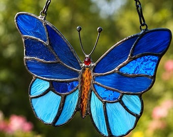 Stained Glass Butterfly Suncatcher, Monarch Insect Window Hanging, Copper Foil Art