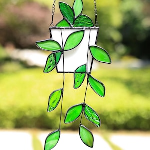 Stained Glass Plant Suncatcher, Green Leaf Window Hanging Decor,Gift For Mom