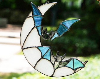 Gothic Bat Moon Stained Glass Suncatcher, Halloween Window Hanging Art