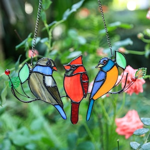 Stained Glass Three Birds Suncatcher, Glass Birds Window Hanging, Cardinal Stained Glass Suncatcher, Winter Decor, Christmas Gift