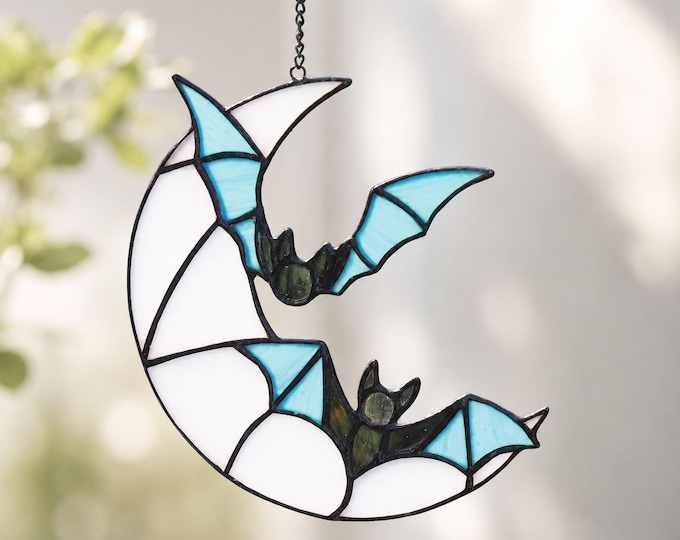 Gothic Bat Moon Stained Glass Suncatcher, Halloween Window Hanging Art, Glass Art