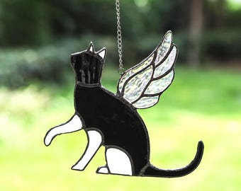 Stained Glass Cat Suncatcher, Winged Feline Window Hanging, Black Glass Art Home Decor