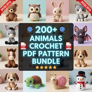 Puede incluir: Una colección de patrones de ganchillo de animales, incluyendo un oso, un búho, un conejo, un gato, un burro, un murciélago, un caballo, un perro, una tortuga, un caracol y un muñeco de nieve. El texto dice "200+ Animals Crochet PDF Pattern Bundle".