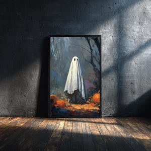 Ghost in Woods with Pumpkins Poster: Dark Academia Halloween Decor (PNG File)