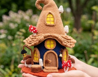 Wzór na szydełkowy domek z grzybów, domek dla wróżek amigurumi, plik PDF dla początkujących