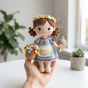 May include: A crocheted doll with brown hair, wearing a blue dress with a white apron and a yellow and white flower crown. The doll holds a small brown basket filled with colorful flowers and a single pink flower, with a butterfly on its shoulder.