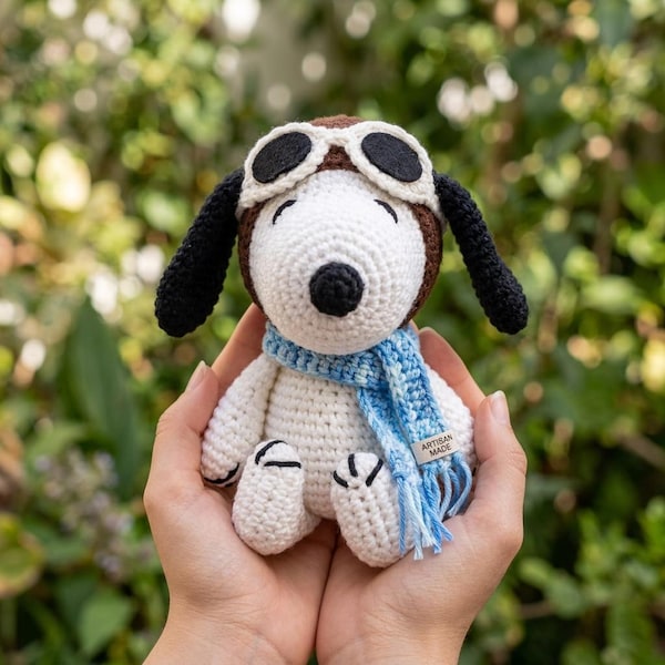 かぎ針編みの犬のあみぐるみパターン、簡単なパイロットスヌーピーのおもちゃ、初心者向けかぎ針編みPDF（デジタルダウンロード）