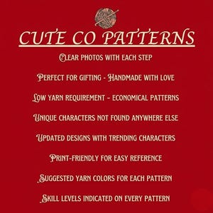 Może przedstawiać: Czerwone tło z białym tekstem "CUTE CO PATTERNS". Obraz przedstawia cechy wzor&oacute;w, w tym wyraźne zdjęcia, niskie wymagania dotyczące przędzy, unikalne postacie i projekty przyjazne dla druku. Grafika kłębka przędzy znajduje się na g&oacute;rze.
