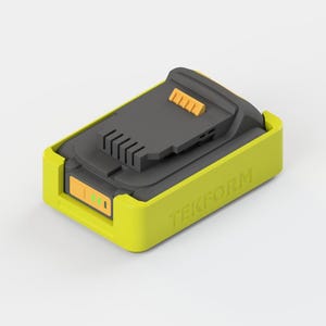 Peut inclure: Une batterie d'outil électrique vert citron et grise. La batterie a une forme rectangulaire avec un dessus gris et une base vert citron. La batterie a des accents orange et le texte "TEKFORM" est visible sur le côté.