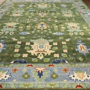 12x15 Ready To Ship Deep Green Field with Light Blue Border | Turkish Style Geometric Oriental Carpet | Living Room | Bedroom Are Rug