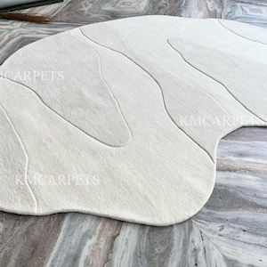 White Irregular Shape White Wool Rug – Minimalist Organic Abstract Hand-Tufted Carpet | Contemporary Living Room & Bedroom Decor 8x10 9x12