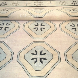 Quick Ship 10x14 Handmade Geometric Wool Rug – Ivory & Blue Octagon Pattern Carpet | Modern Traditional Area Rug for Living Room Bedroom