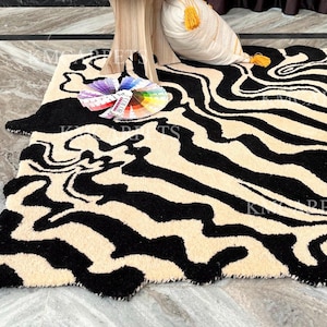irregular beige & Black Hand Tufted Wool Area Rug Bids Room Rug 100% Woolen Handmade Rug and Carpet For Bedroom, Living Room and Dining Room