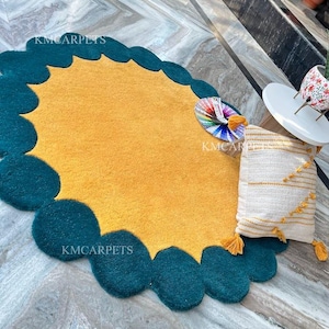 Handmade Round Scalloped Edge Rug | Yellow and Teal Wool Carpet | Modern Minimalist Artistic Area Rug for Living Room & Bedroom 5x5 6x6 8x8