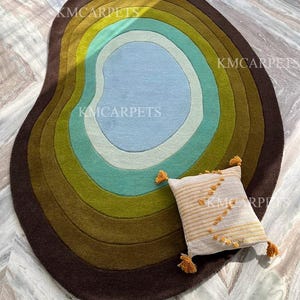 irregular Brown & Blue Hand Tufted Wool Area Rug Bids Room Rug 100% Woolen Handmade Rug and Carpet For Bedroom, Living Room and Dining Room