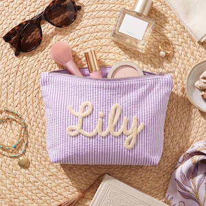 Personalized Seersucker Makeup Bag: Custom Chenille Name Travel Cosmetic Pouch