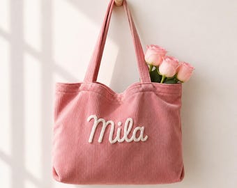 Personalized Corduroy Tote with Name, Bridesmaid Gift, Maid of Honor Present