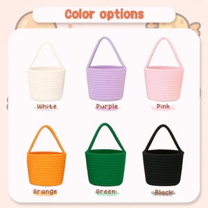 May include: A selection of six small, woven baskets in various colors: white, purple, pink, orange, green, and black. Each basket has a matching handle and the text "Color options" at the top.