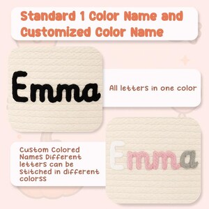 May include: The image showcases two examples of custom name designs. One features the name "Emma" in black, while the other displays "Emma" with letters in white, pink, and gray. Text at the top reads "Standard 1 Color Name and Customized Color Name."