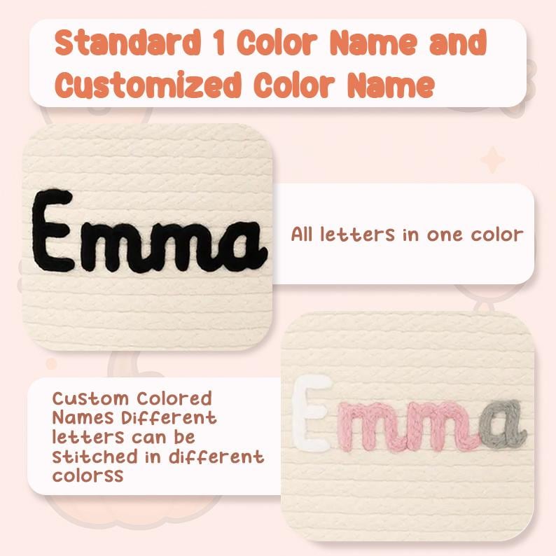 May include: The image showcases two examples of custom name designs. One features the name "Emma" in black, while the other displays "Emma" with letters in white, pink, and gray. Text at the top reads "Standard 1 Color Name and Customized Color Name."
