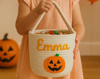 Personalized Halloween Trick or Treat Basket: Embroidered Pumpkin Tote Bag