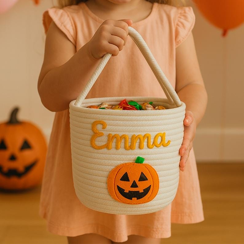May include: A cream-colored, woven Halloween basket with a white handle, filled with candy. The name "Emma" is embroidered in yellow, with an orange jack-o'-lantern applique. A carved pumpkin is in the background.