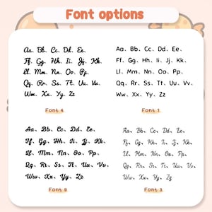May include: Image displaying font options with the text "Font options" at the top. Four different font styles are shown, each displaying the alphabet in a handwritten style. The fonts are labeled Font 1, Font 3, Font 4, and Font 9.