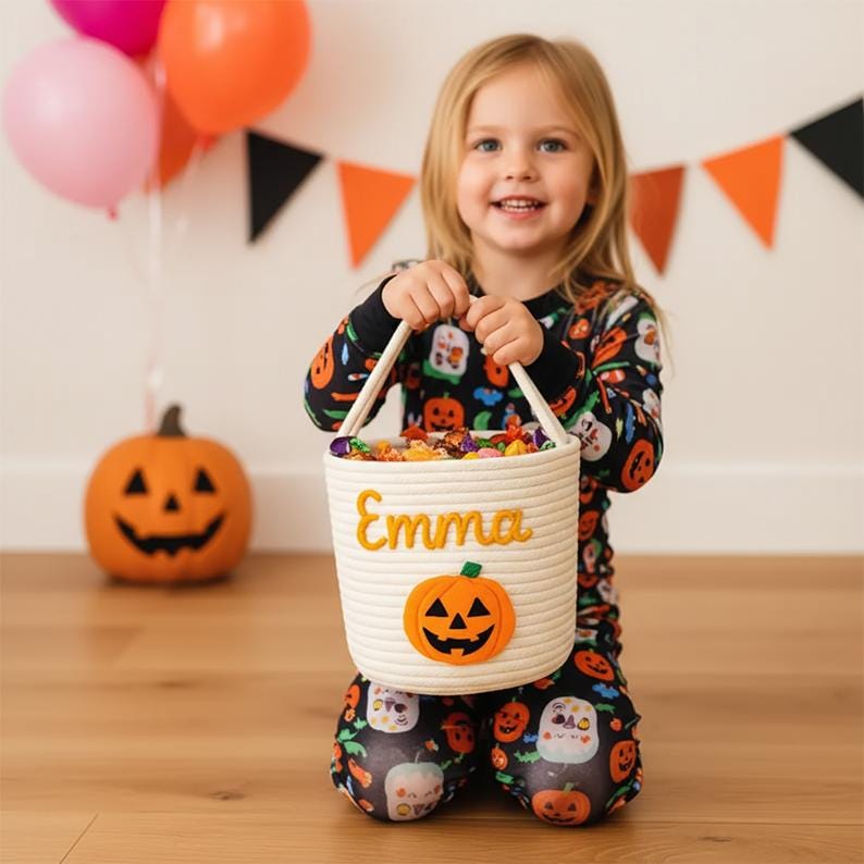 May include: A white rope basket with the name "Emma" embroidered in yellow, and a felt pumpkin applique. The basket is filled with candy and held by a child wearing Halloween pajamas. Orange and pink balloons are in the background.