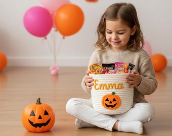 Personalized Halloween Trick-or-Treat Basket: Embroidered Pumpkin Tote
