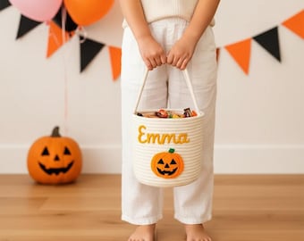 Personalized Halloween Trick or Treat Basket: Embroidered Name, Plush Pumpkin Tote