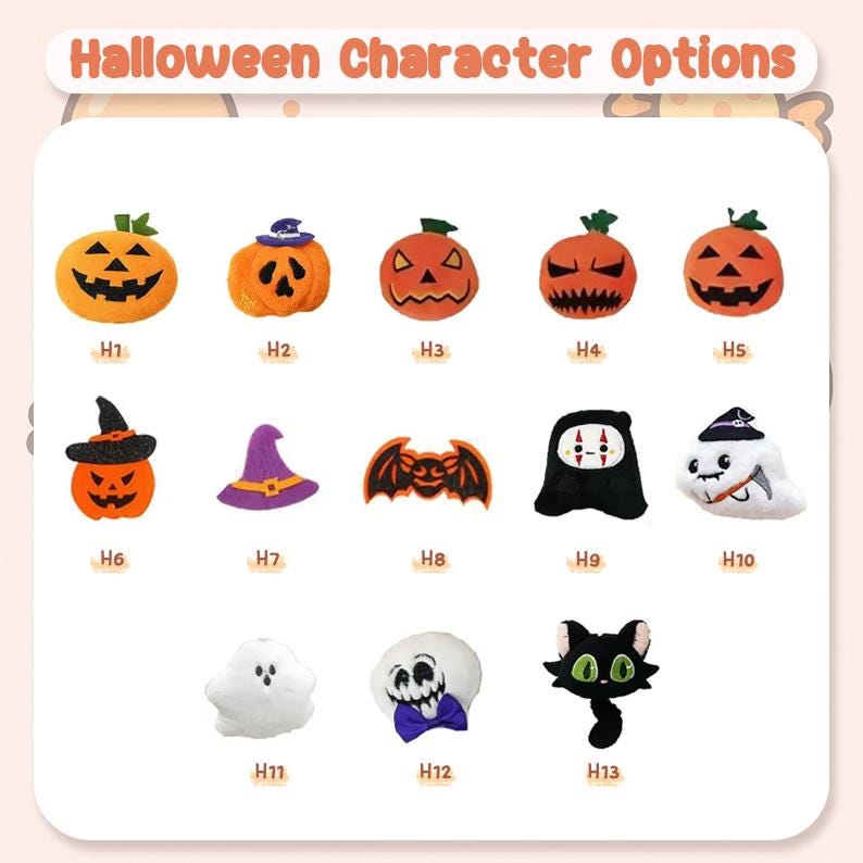 May include: A collection of Halloween-themed plush characters, including pumpkins, ghosts, bats, and a black cat. The image features the text "Halloween Character Options" at the top, with each character labeled with a corresponding number.