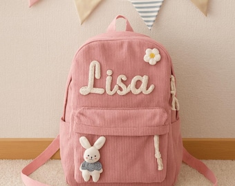 Mochila infantil personalizada de veludo cotelê: nome bordado, mochila escolar macia