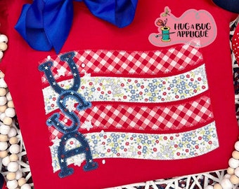 Wavy Flag USA Zig Zag Stitch Applique Design 5x7 6x10 8x8 8x12 9x9