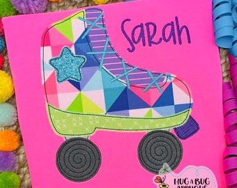 May include: A pink fabric patch with a colorful roller skate design. The skate has a blue star and the name "Sarah" is embroidered in purple thread.