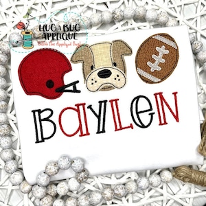 Diseño de apliques de puntada de frijol con casco de bulldog de fútbol de 5 x 7, 6 x 10, 8 x 8, 8 x 12, 9 x 9